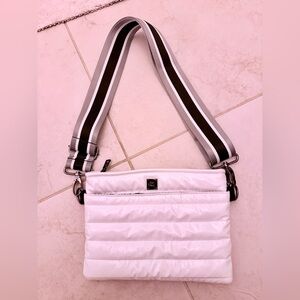 Think Royln Bum Bag - White Quilted Crossbody Bag with Striped Strap